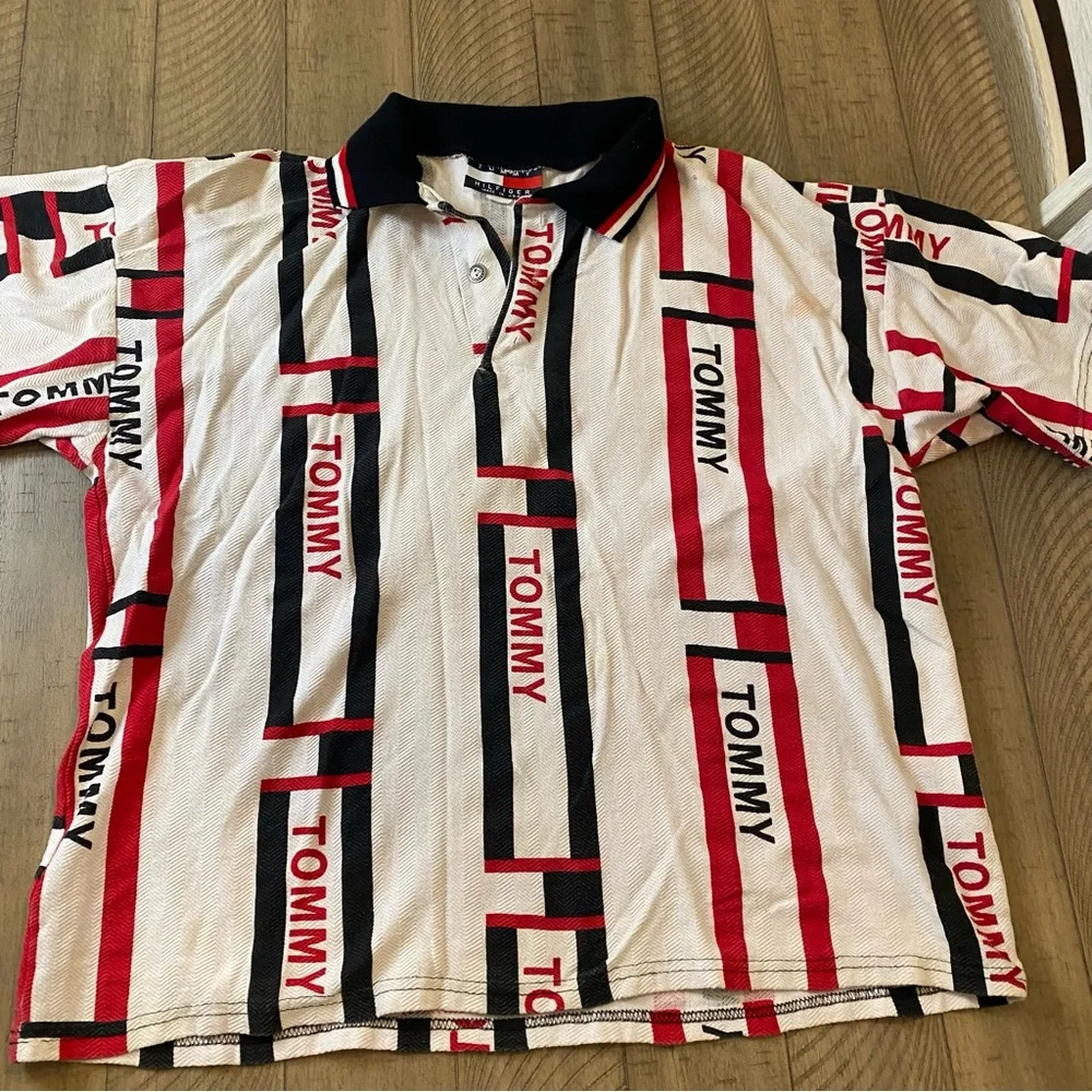 Vintage Tommy Hilfiger Rugby Polo Shirt All Over Graphics Men’s Large 80’s 90’s - Picture 2 of 10